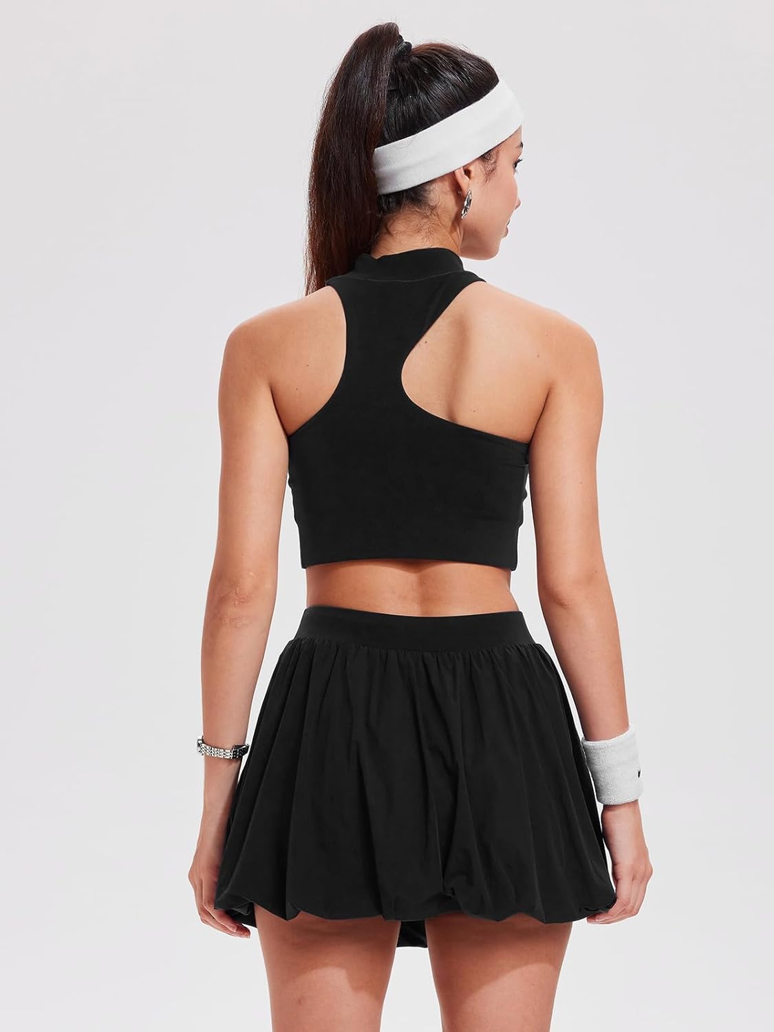 Airfree 2 Piece Sets for Women Tennis Skirt Set Mock Neck Sports Bra Irregular Crop Tank Bubble Skirt Outfits Set