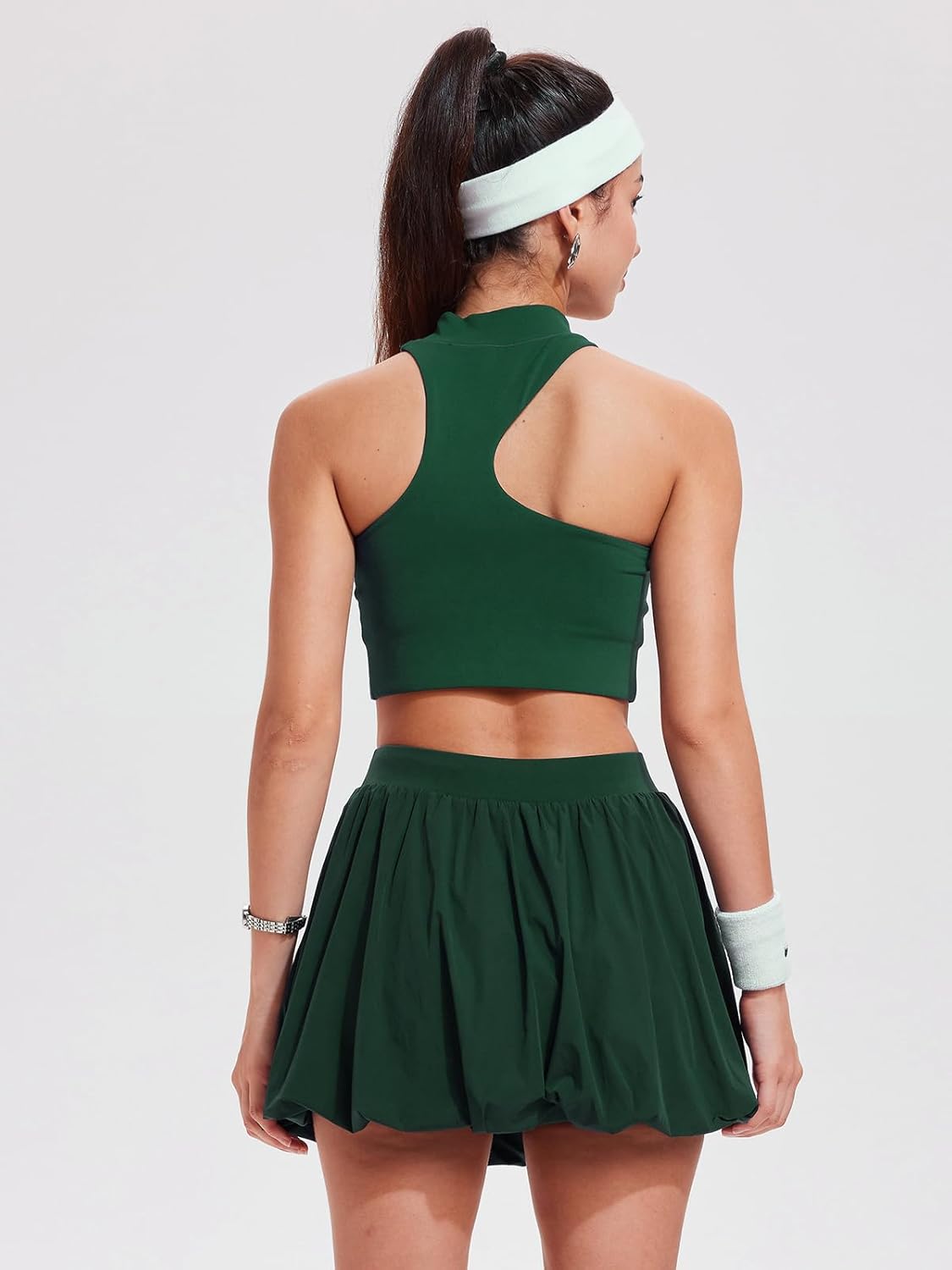 Airfree 2 Piece Sets for Women Tennis Skirt Set Mock Neck Sports Bra Irregular Crop Tank Bubble Skirt Outfits Set