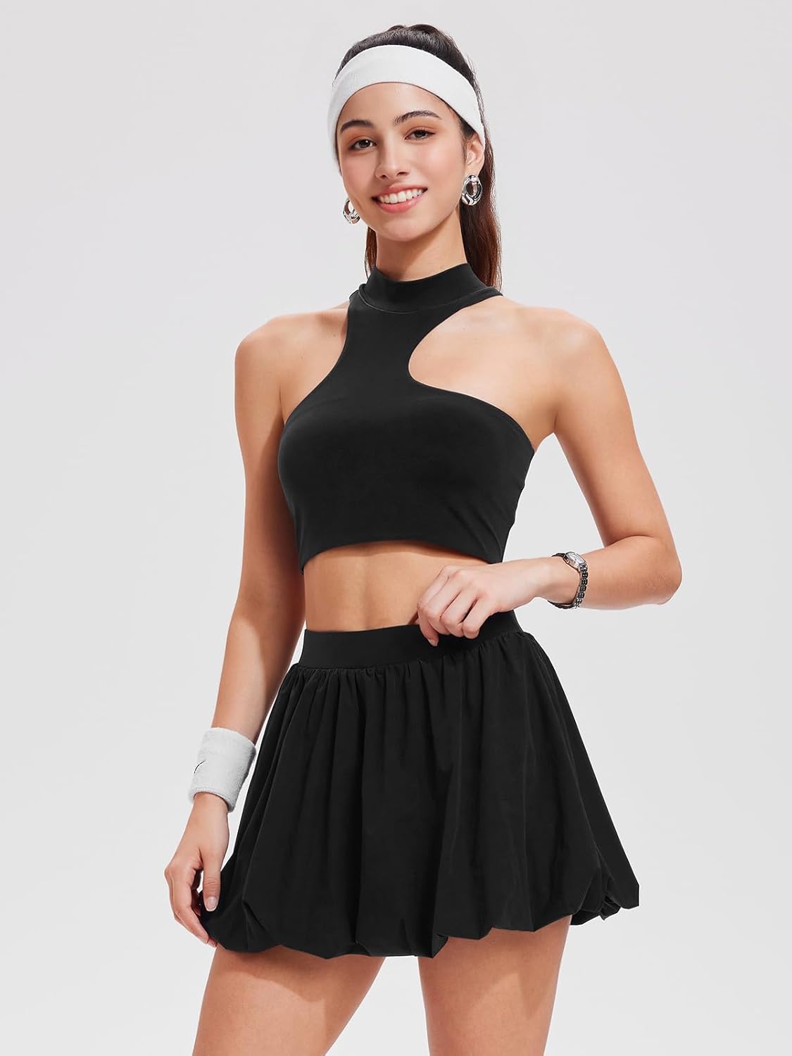 Airfree 2 Piece Sets for Women Tennis Skirt Set Mock Neck Sports Bra Irregular Crop Tank Bubble Skirt Outfits Set