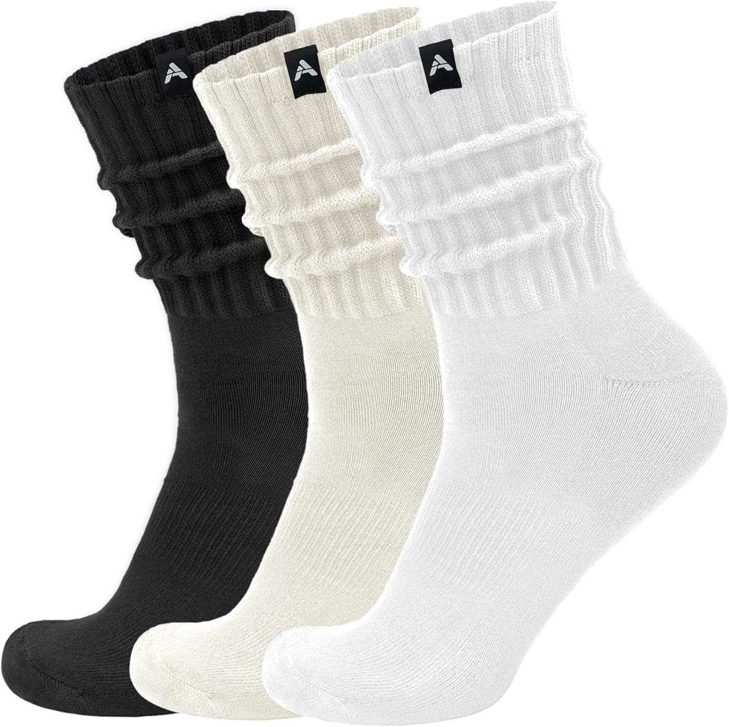 Scrunch Slouch Crew Socks Retro Ribbed Cotton Cushioned 3 Pack Boot Sneaker Gym Cozy Calf Socks For Men & Women